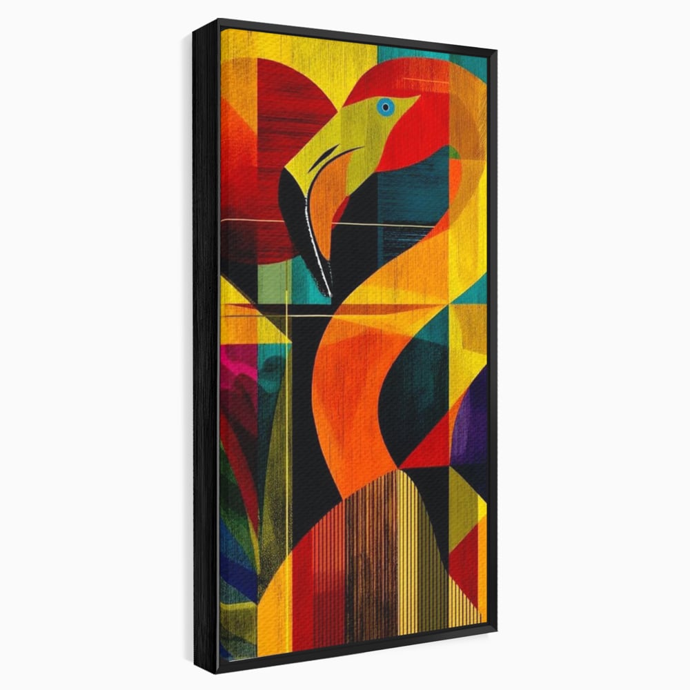 Tablou canvas cu tablou canvas cu flamingo geometric, in rama de aluminiu negru
